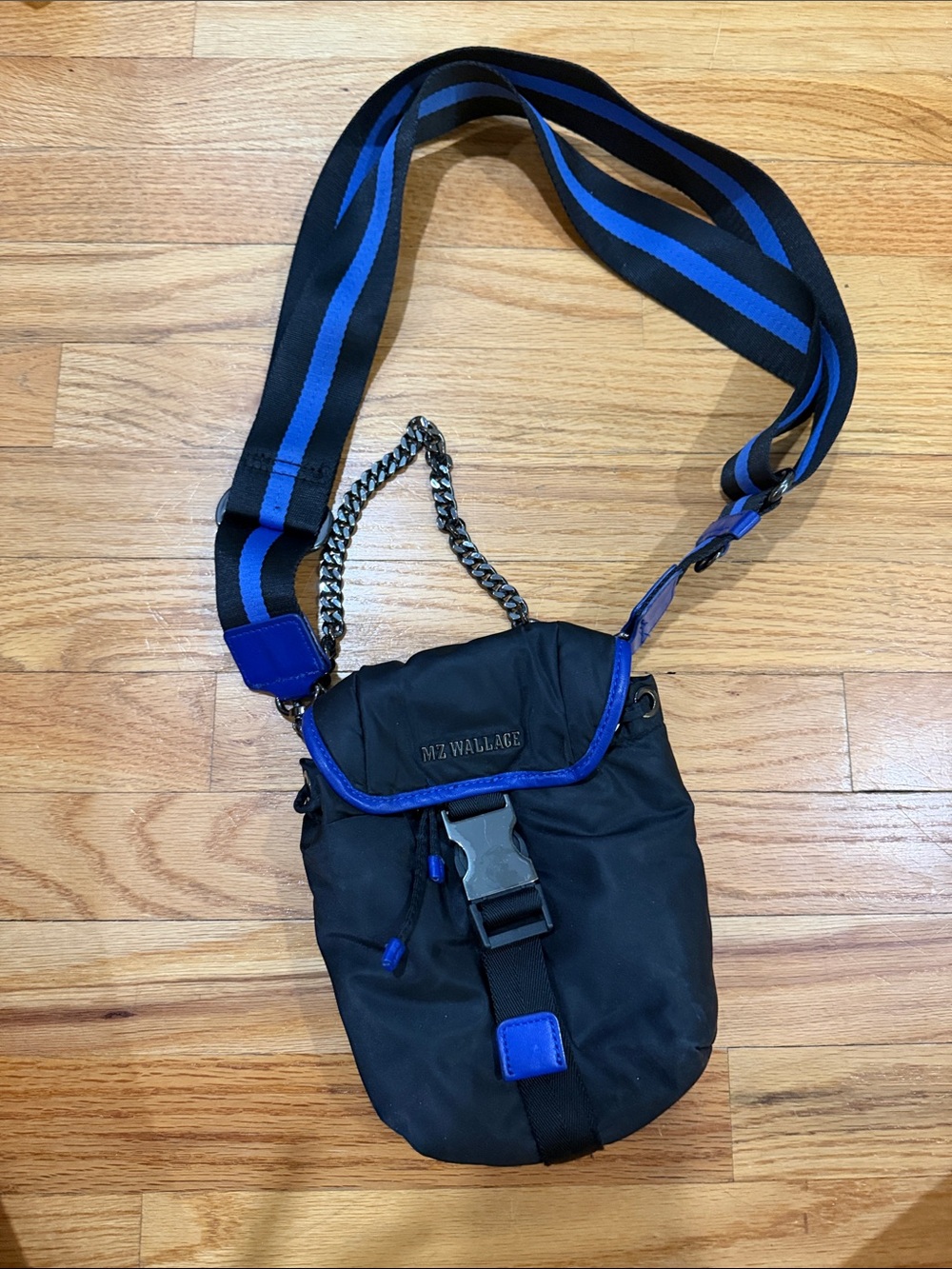 MZ Wallace Black Nylon Crossbody with Blue Trim and Striped Strap